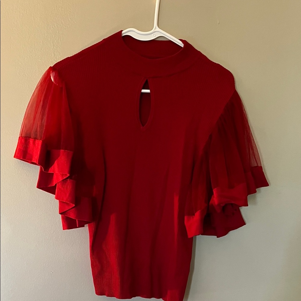 Chic Red Blouse with Ruffled Sleeves